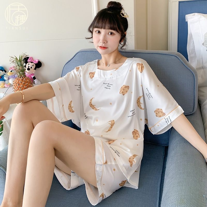 Wholesale Custom 2023 Loungewear 23 Colors Pattern Short Sleeve Sleepwear 2pcs Ice Silk Pajamas For Women Set