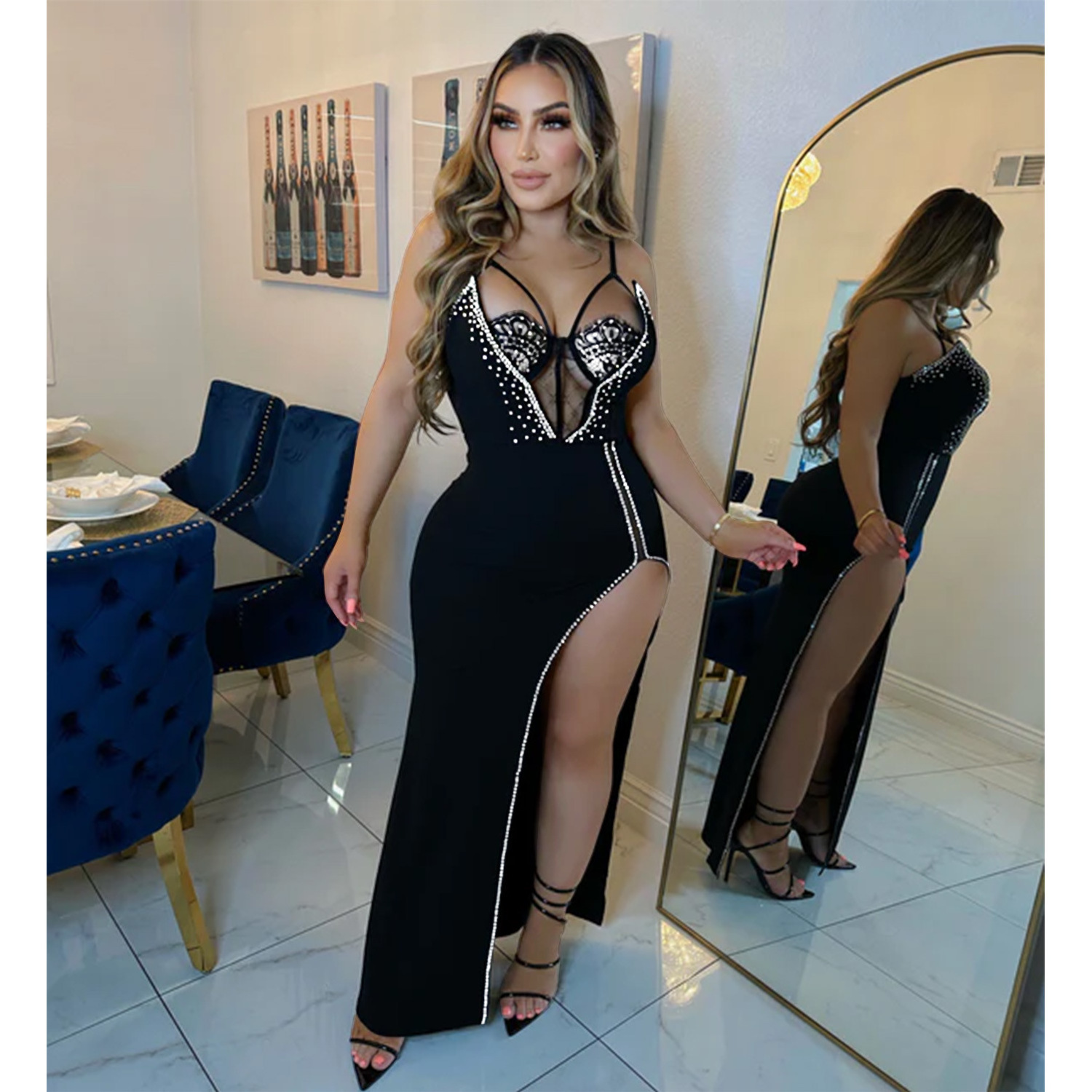 C230170 Wholesale Fashion Black High Slit Diamond Evening Dress 2023 Club Party Maxi Long Dresses Women's