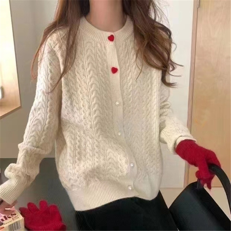 Cardigan manufacture fashion Love button up white sweater christmas cardigan twist design women lightweight knitted cardigans