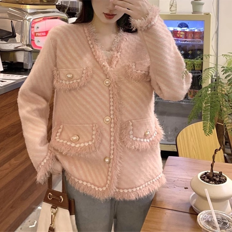 oeko beaded button sweater cardigan tassels for clothes high quality sweater golden thread four pockets cardigan women