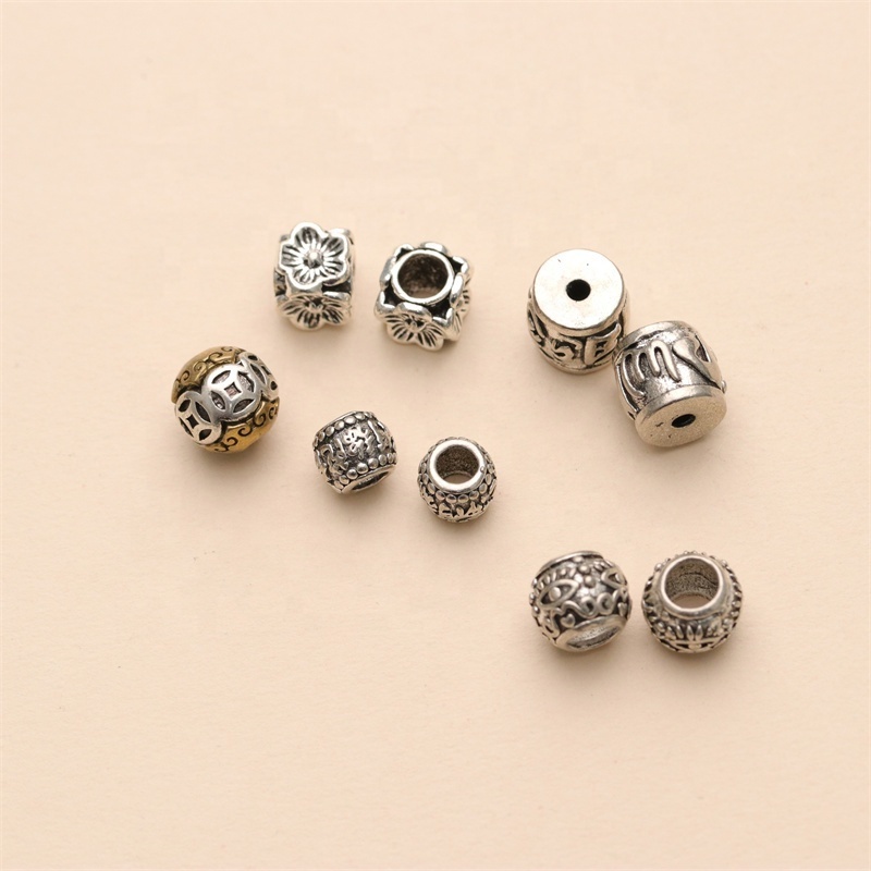 Vintage Antique Silver Big Hole Beads Mixed Hollow Beads Bracelet Charm For Diy Jewelry Making