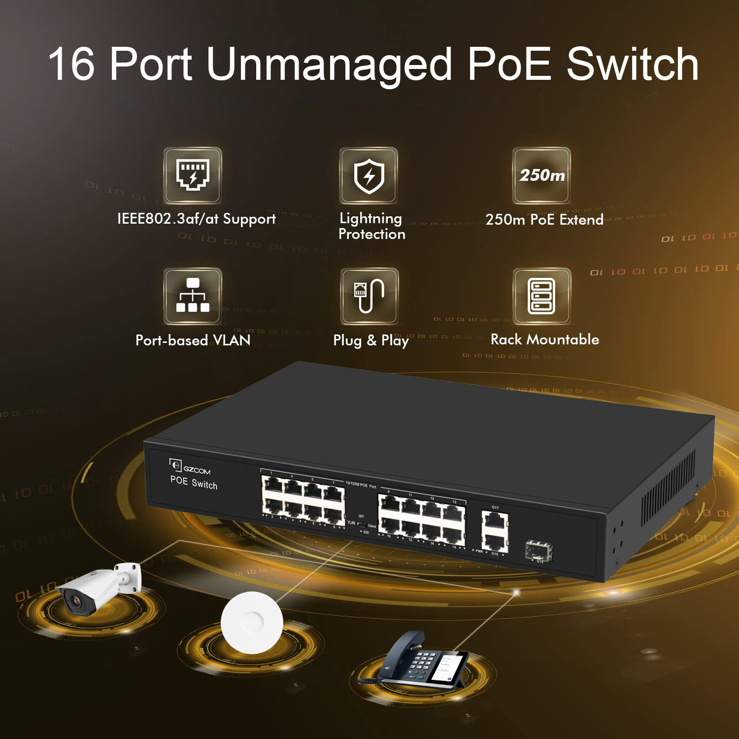 Factory Price Support VLAN Extend 250 Meters Unmanaged 16 Port PoE Switch for CCTV IP Cameras