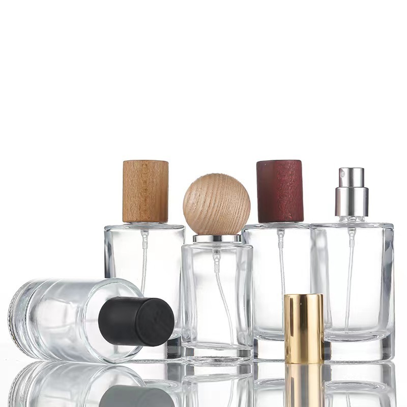 Cylinder 30ml 50ml bottle Unique New Design Body perfume glass spray perfume bottle with Wood Lid