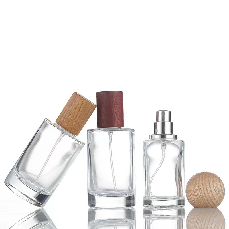 Cylinder 30ml 50ml bottle Unique New Design Body perfume glass spray perfume bottle with Wood Lid