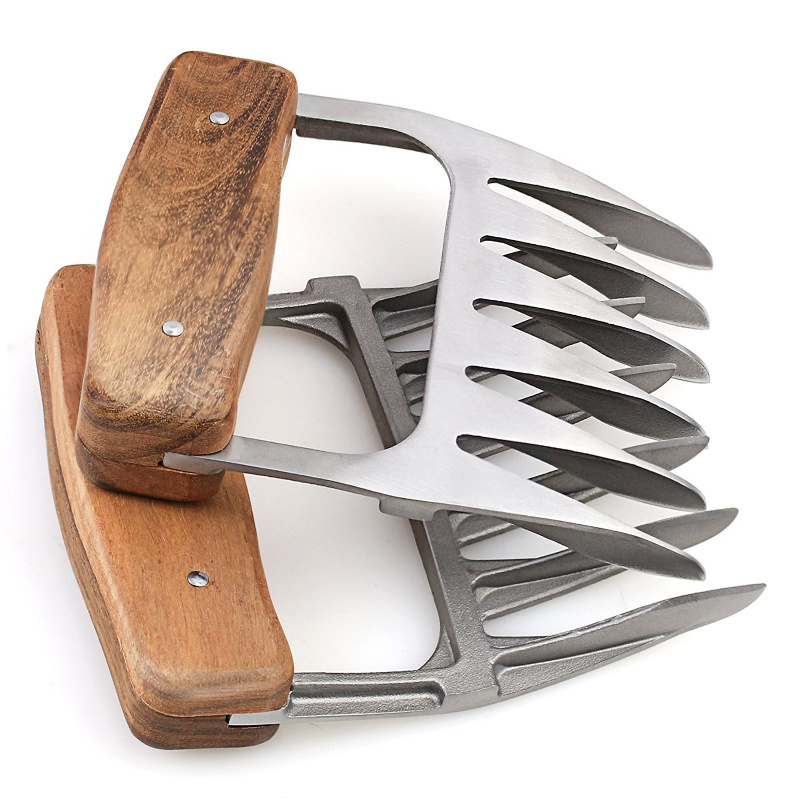 18/8 Stainless Steel Meat Forks with Wooden Handle Metal Meat Shredder Claws for Serving Pork Turkey Chicken