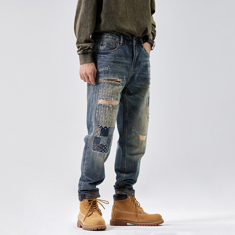 Denim Classic Distressing Patched Comfortable Trousers Jeans Men Fashion Style