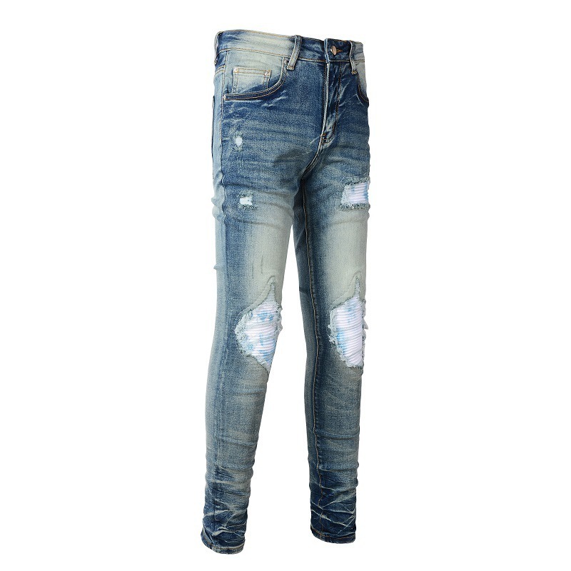 Streetwear Stock Fashion Stretch Denim Straight Ripped Patchwork Trousers Jeans Men