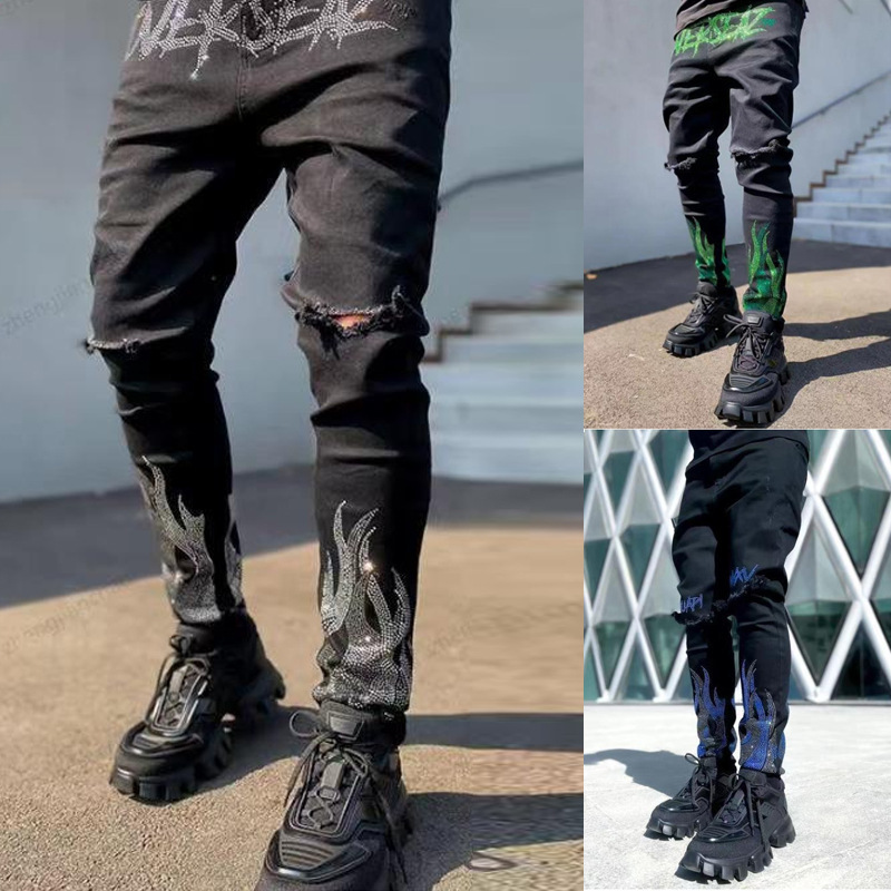 Customizable Stacked Jeans For Men Skinny Ripped Jeans Mens Flame Rhinestone Distressed Designer Black Trousers Jeans