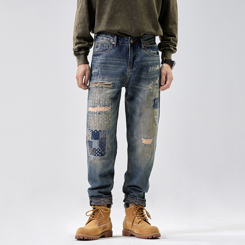 Denim Classic Distressing Patched Comfortable Trousers Jeans Men Fashion Style