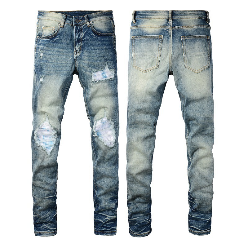 Streetwear Stock Fashion Stretch Denim Straight Ripped Patchwork Trousers Jeans Men