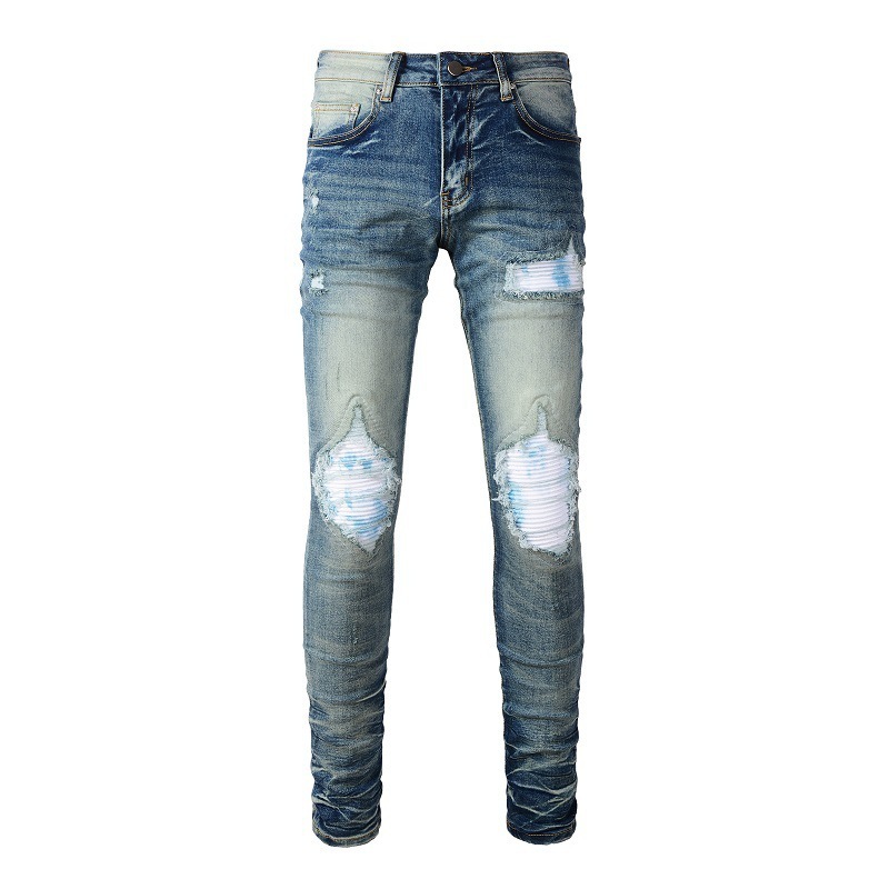 Streetwear Stock Fashion Stretch Denim Straight Ripped Patchwork Trousers Jeans Men