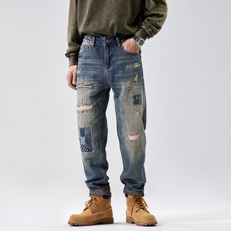 Denim Classic Distressing Patched Comfortable Trousers Jeans Men Fashion Style