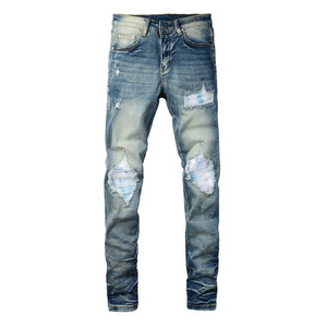 Streetwear Stock Fashion Stretch Denim Straight Ripped Patchwork Trousers Jeans Men