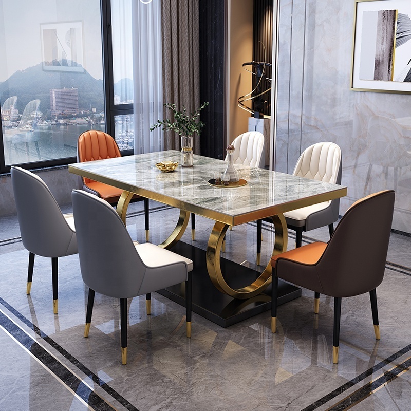 Home Furniture Dinning Table And 6 Chair Rectangular Restaurant Metal Golden Stainless Steel Marble Dining Table Set