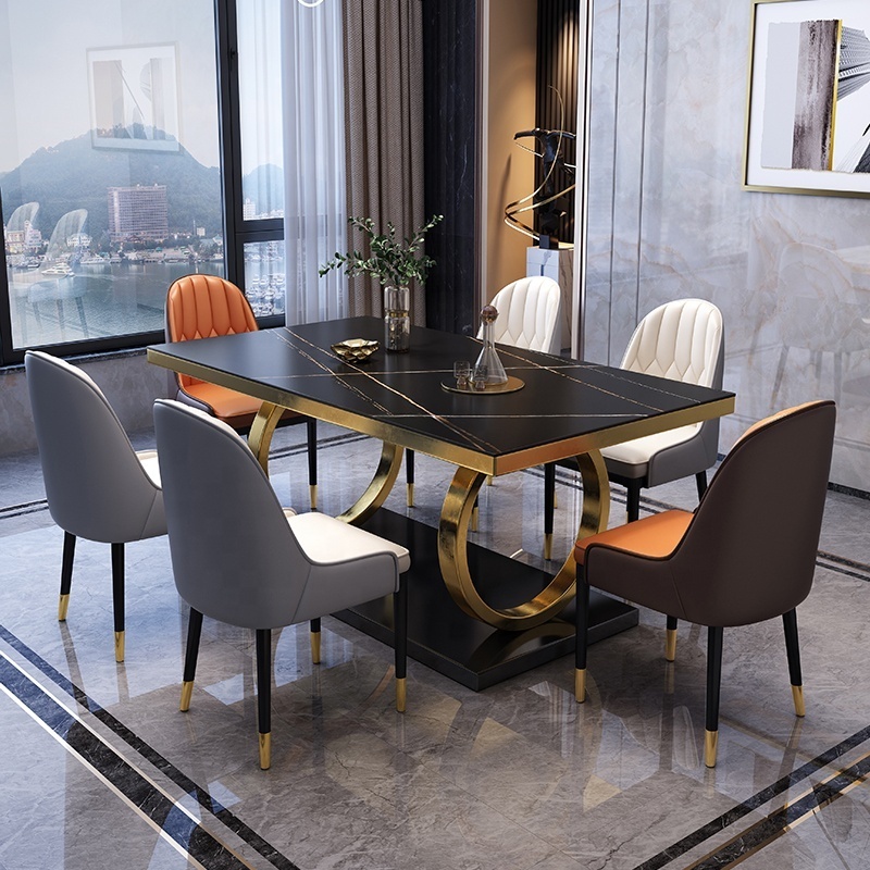 Home Furniture Dinning Table And 6 Chair Rectangular Restaurant Metal Golden Stainless Steel Marble Dining Table Set