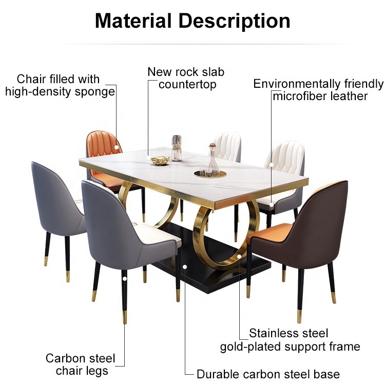 Home Furniture Dinning Table And 6 Chair Rectangular Restaurant Metal Golden Stainless Steel Marble Dining Table Set