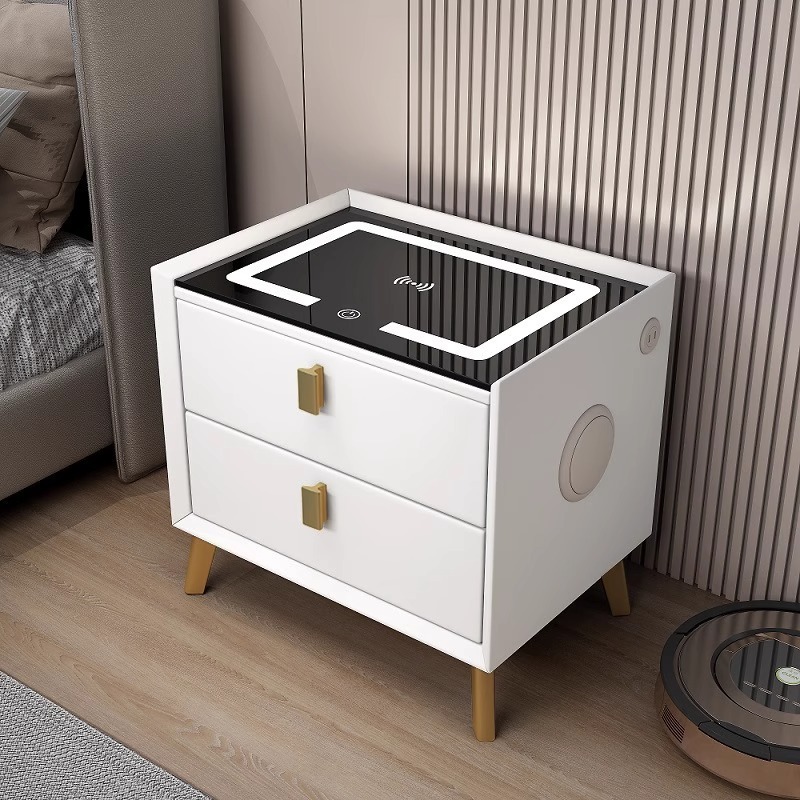 Hot Sale Smart Bedside Table Multi Functional 2 Drawers Wooden Nightstand With Wireless Charger