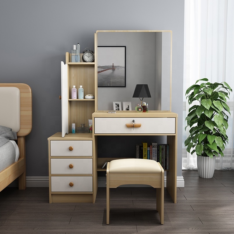 High Quality Modern European Bedroom Furniture Vanity Dresser Drawers Storage Nordic White Makeup Dressing Table With LED Mirror