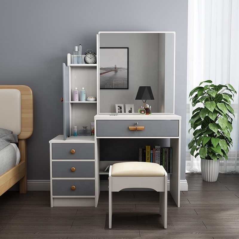 High Quality Modern European Bedroom Furniture Vanity Dresser Drawers Storage Nordic White Makeup Dressing Table With LED Mirror