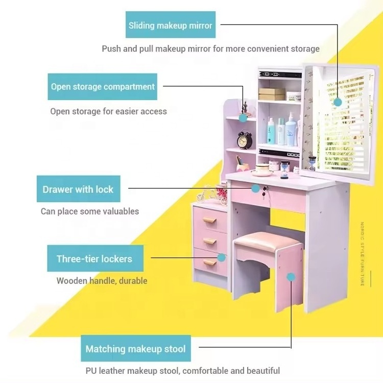 Bedroom with Lighted Mirror Storage Cabinet Integrated Modern Minimalist Small Dresser Table White Luxury Makeup Dressing Table