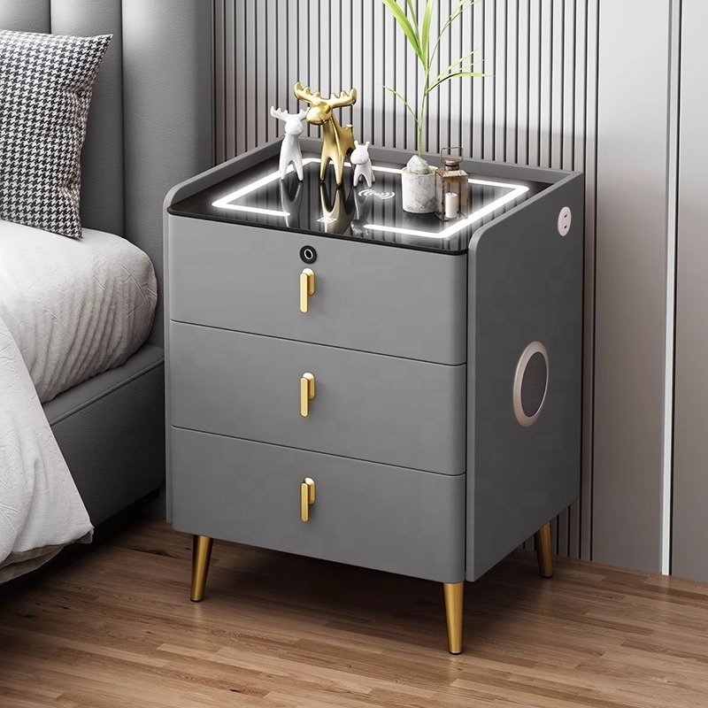 Luxury Bedside Table with Wireless Charger Wood Cupboard Home Furniture Fingerprint Lock White Smart Nightstands