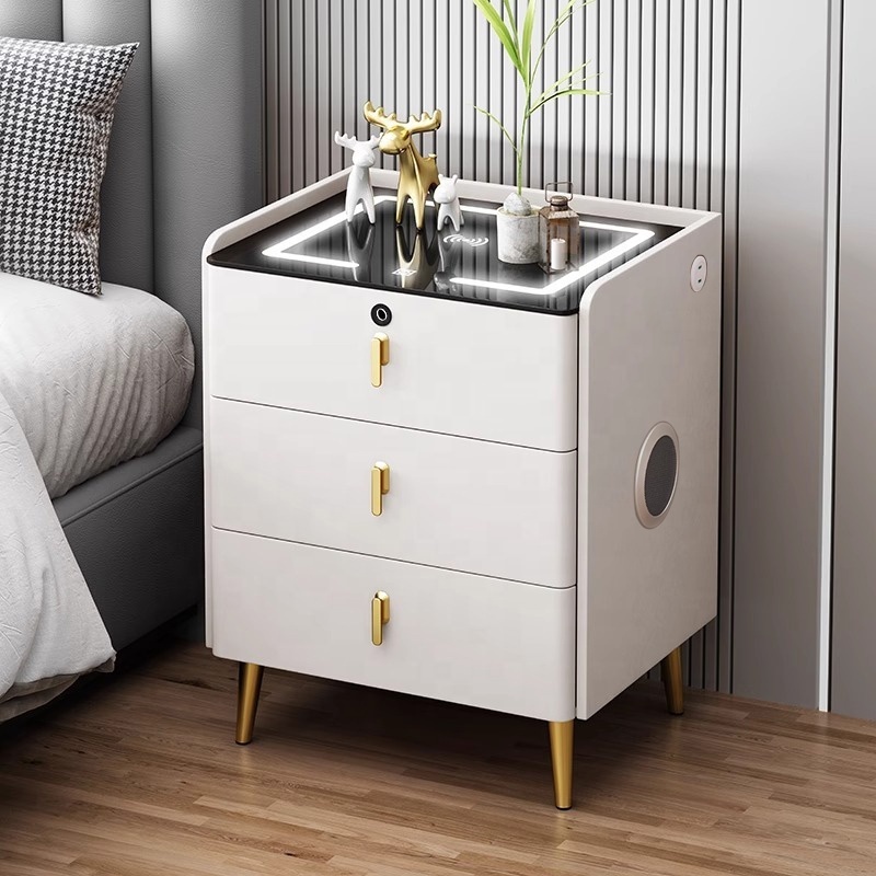 Luxury Bedside Table with Wireless Charger Wood Cupboard Home Furniture Fingerprint Lock White Smart Nightstands