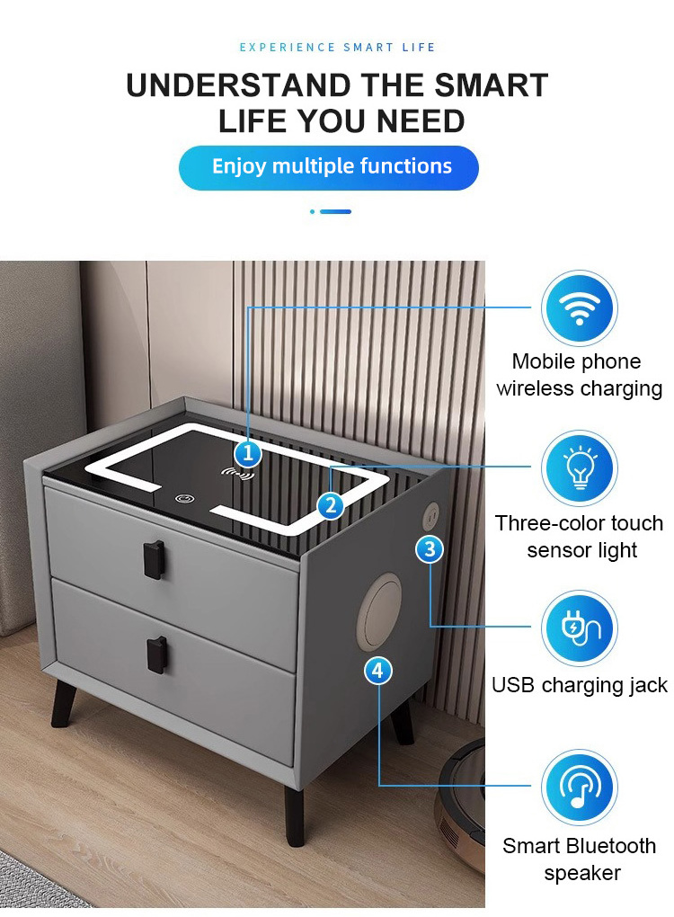 Luxury Smart Bedside Table with Wireless Charger & LED Light Multi Functional Hotel Wooden Nightstand