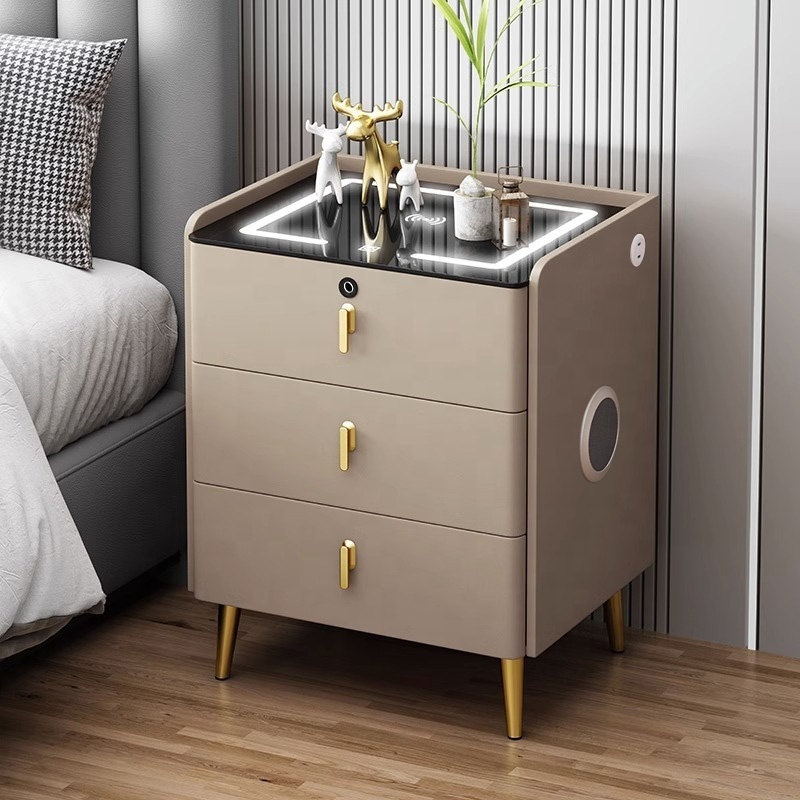 Luxury Bedside Table with Wireless Charger Wood Cupboard Home Furniture Fingerprint Lock White Smart Nightstands