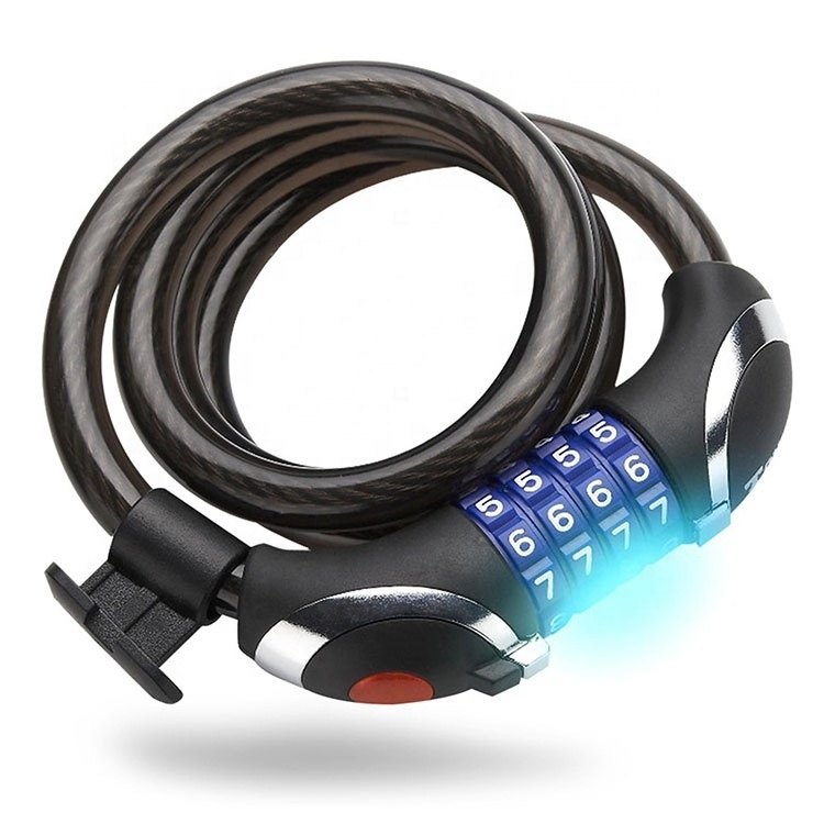 Bicycle Code Lock Bike Cable Password Lock with Led Light 4 Digits Combination Cable Bike Lock