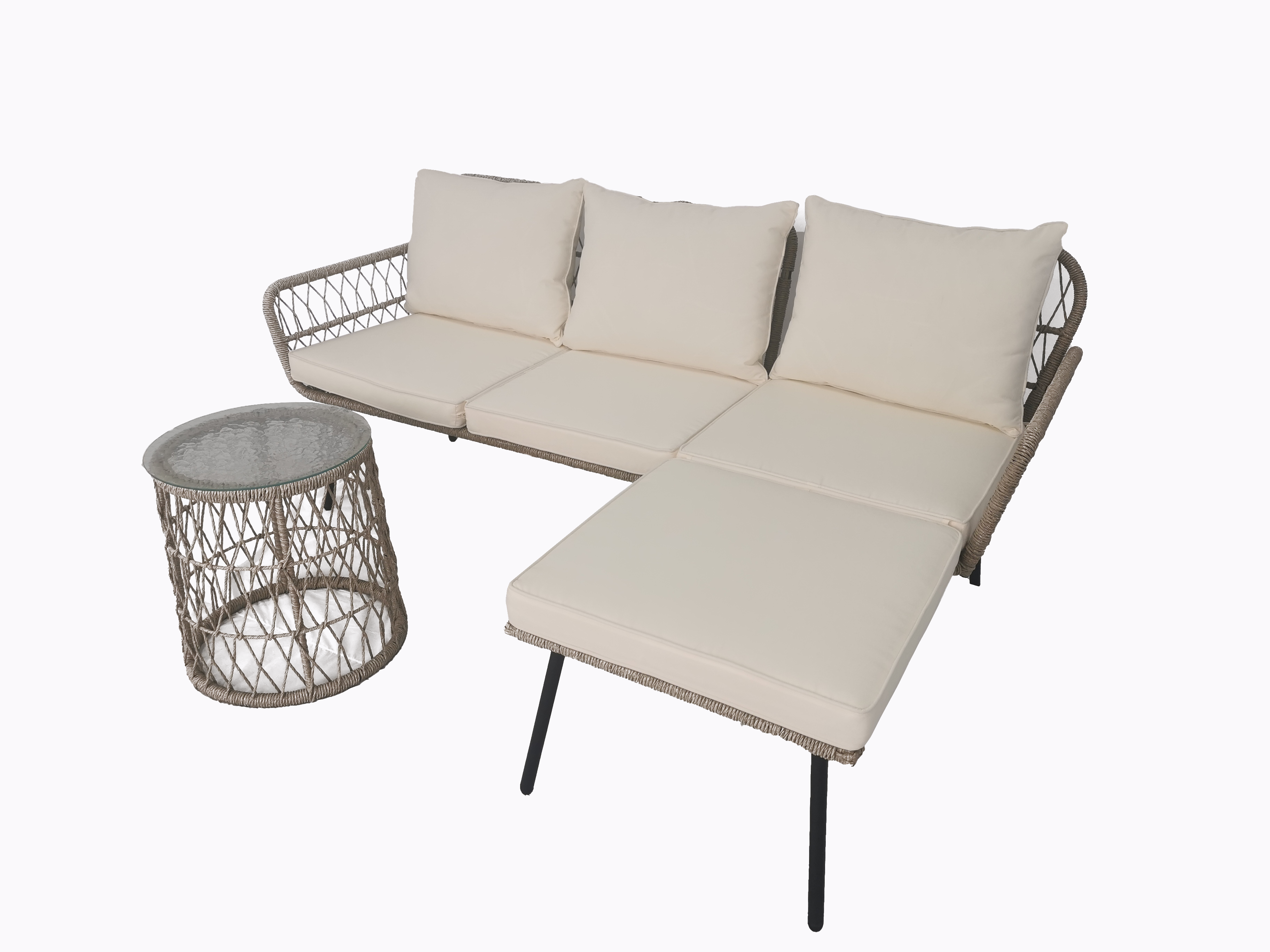 3 Pieces Patio Furniture Set Outdoor Wicker Conversation Sectional L-Shaped Sofa with Boho Detachable Lounger