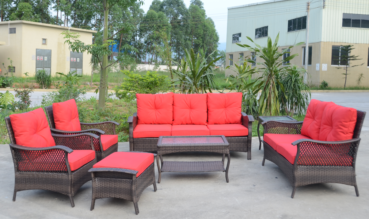 rattan garden furniture 4 pcs seating group with cushions with rattan/wicker coffee table ottoman and chair