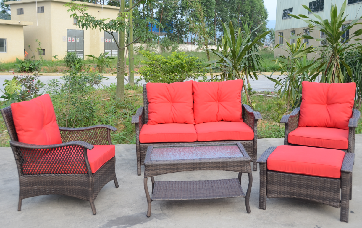 rattan garden furniture 4 pcs seating group with cushions with rattan/wicker coffee table ottoman and chair