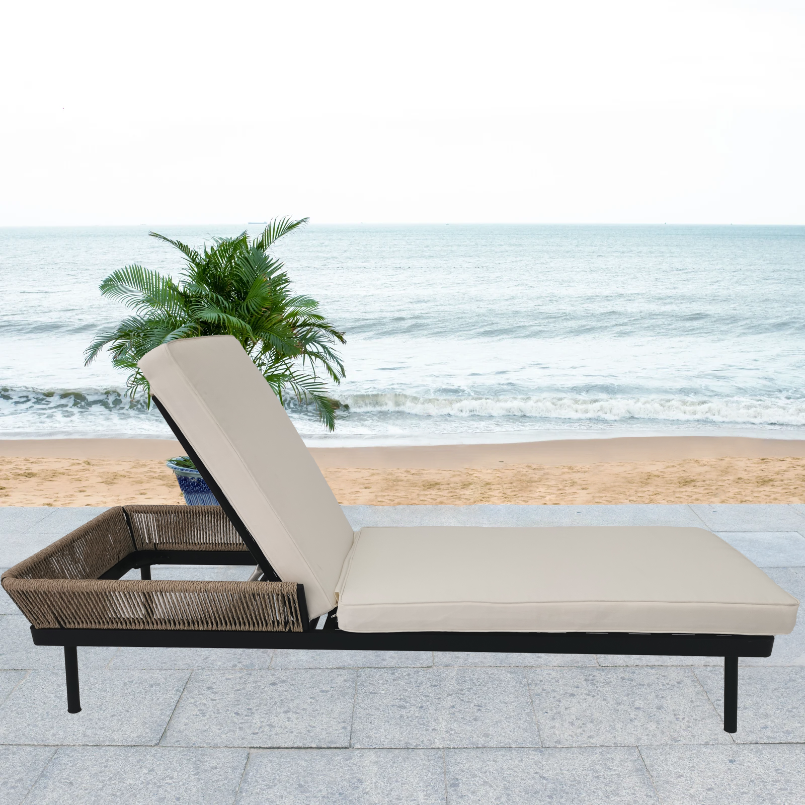 outdoor PE Wicker Chaise Lounge with Adjustable Angles  Patio Rattan Chair Sun Lounger