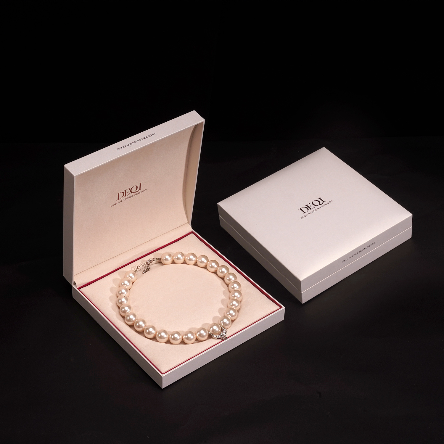 Custom pink pearlized velvet invitation wedding ring pearl necklace jewelry luxury jewellery packaging big gift box with lid