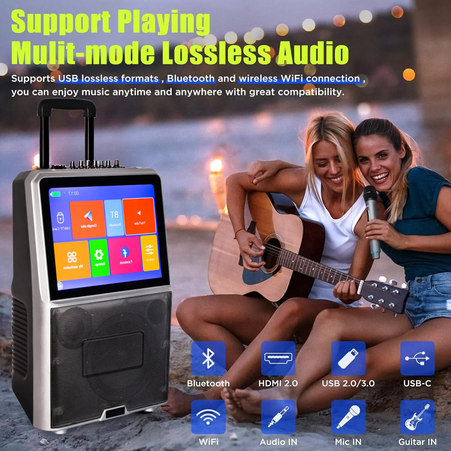 Diamond Karaoke Machine with Lyrics Display Screen 2 Wireless Microphones Portable Wifi PA Speaker System