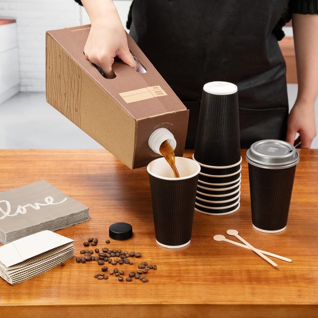 Custom 96fl 2.8L Disposable Coffee Dispensers Built-In Handle Kraft With Black Paper Coffee Boxes