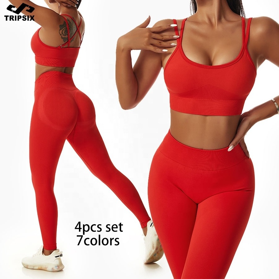 2023 Women Popular New Design Seamless Shirt Short Legging Bra Gym Set Yoga Wear Set Fitness Set