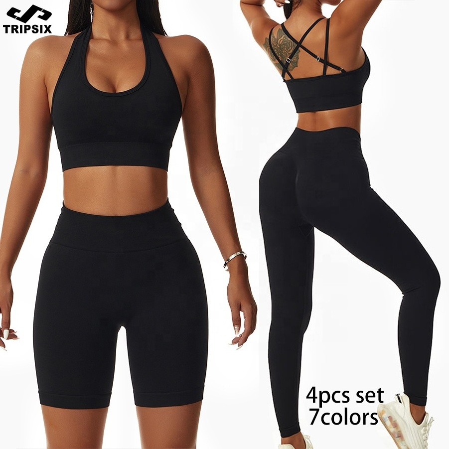 2023 Women Popular New Design Seamless Shirt Short Legging Bra Gym Set Yoga Wear Set Fitness Set