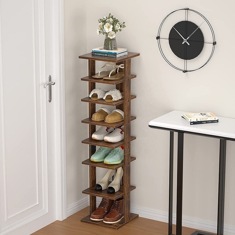 Vertical Shoe Rack 8 Tiers Wooden Shoe Shelf Space Saving Narrow Rack Entryway Shoe Storage Stand for Small Space