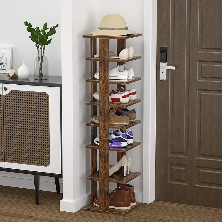 Vertical Shoe Rack 8 Tiers Wooden Shoe Shelf Space Saving Narrow Rack Entryway Shoe Storage Stand for Small Space