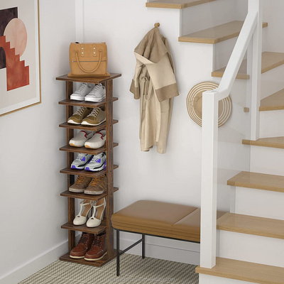 Vertical Shoe Rack 8 Tiers Wooden Shoe Shelf Space Saving Narrow Rack Entryway Shoe Storage Stand for Small Space