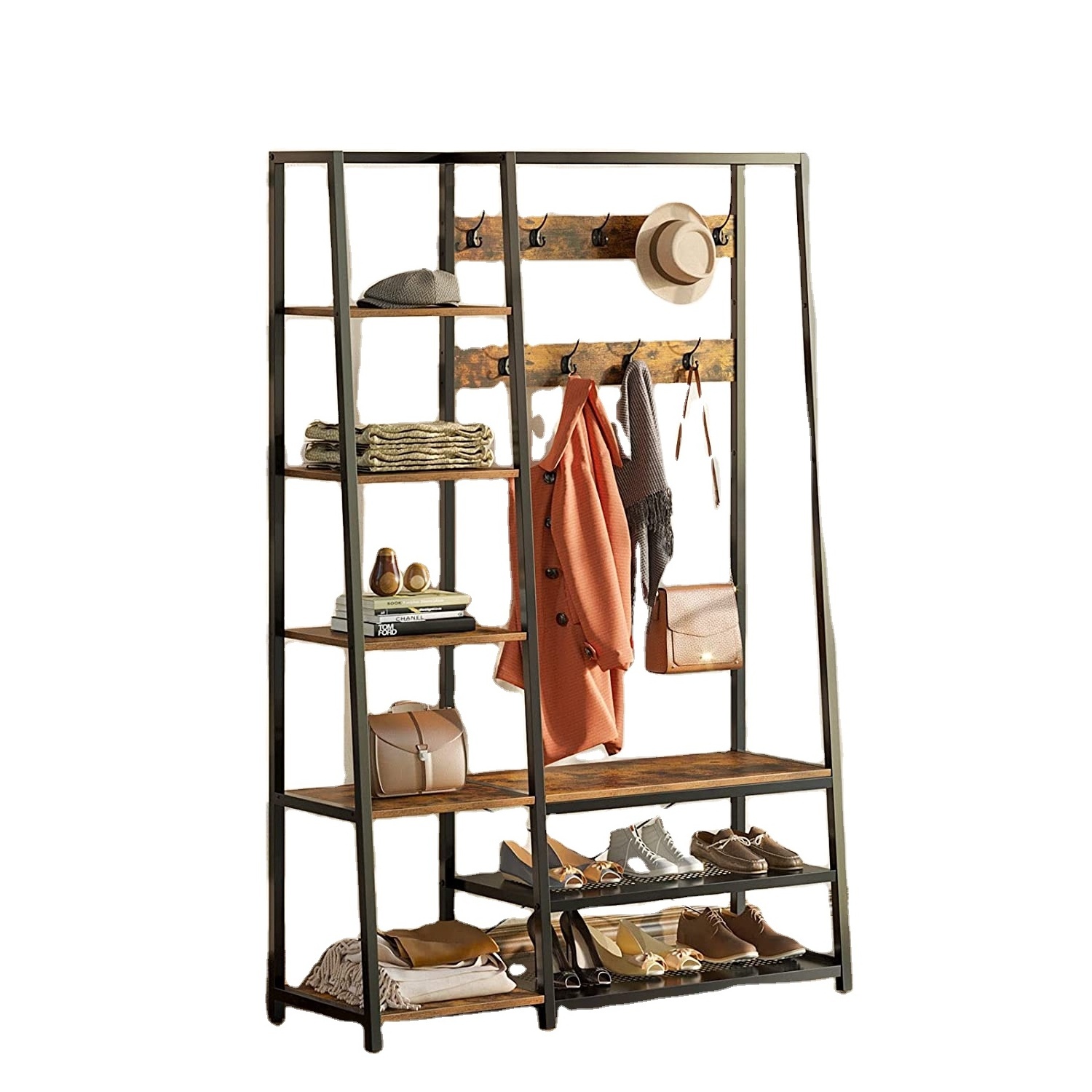 Wardrobe Hall Tree Storage Bench 5-in-1 Entryway Shelf Coat Rack 70.8