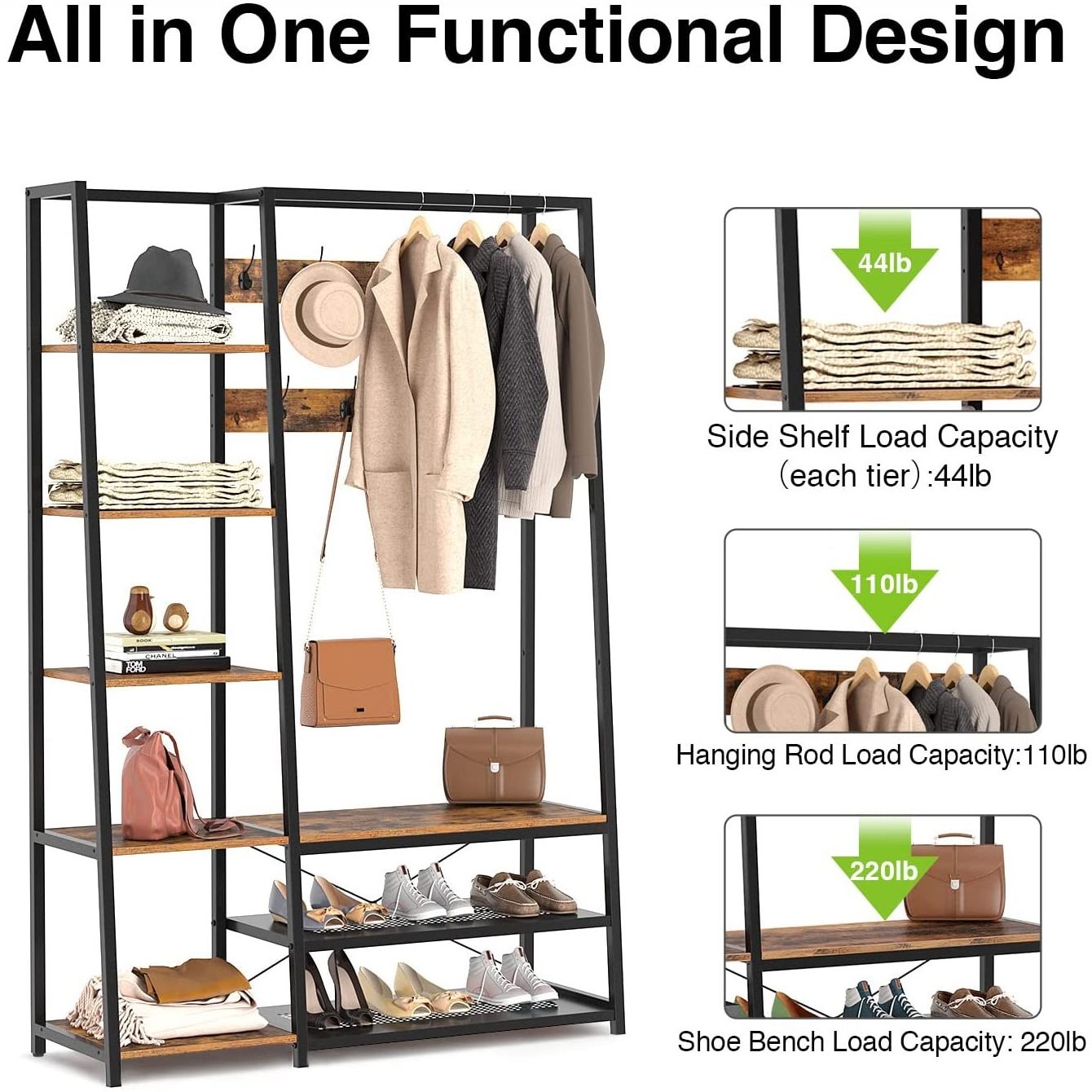 Wardrobe Hall Tree Storage Bench 5-in-1 Entryway Shelf Coat Rack 70.8