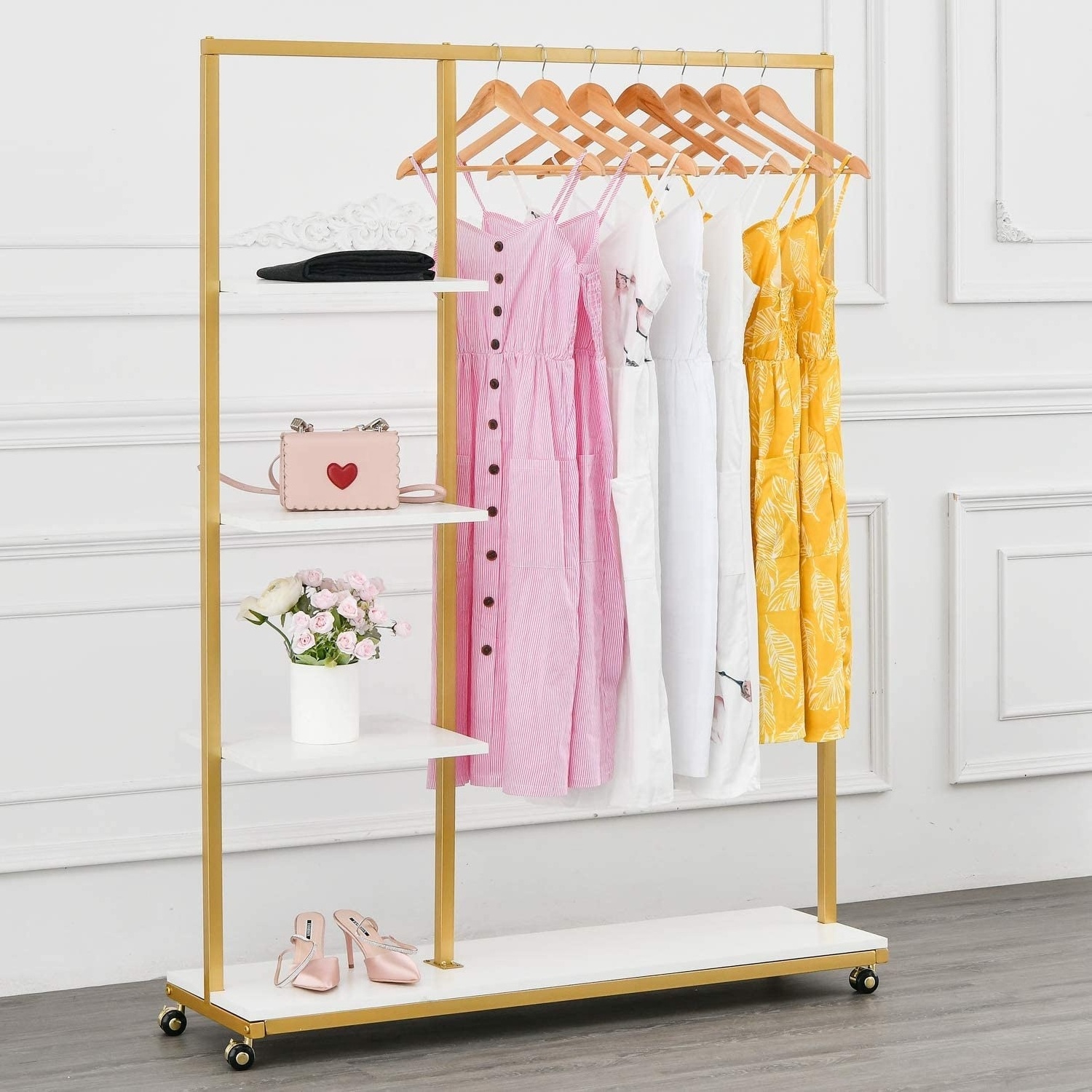 Gold Clothing Racks Modern Floor Standing Clothes Display Racks Hanging Clothes Garment Rack Bedroom Living Room Cloth Store