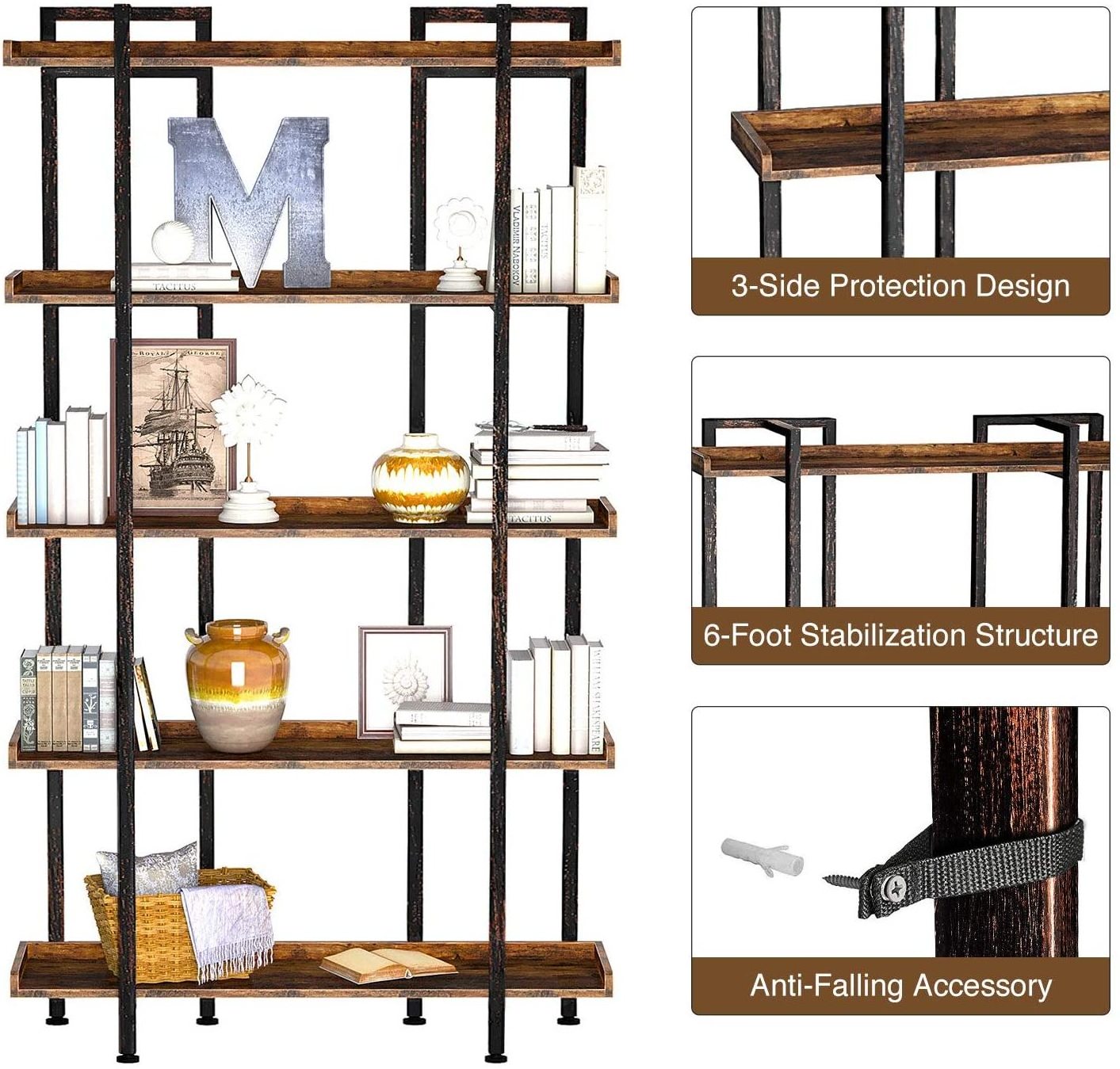 Bookcases and Bookshelves Triple Wide 5 Tiers Industrial Bookshelf Large Bookshelf Open Display Shelves with Metal Frame