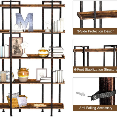 Bookcases and Bookshelves Triple Wide 5 Tiers Industrial Bookshelf Large Bookshelf Open Display Shelves with Metal Frame