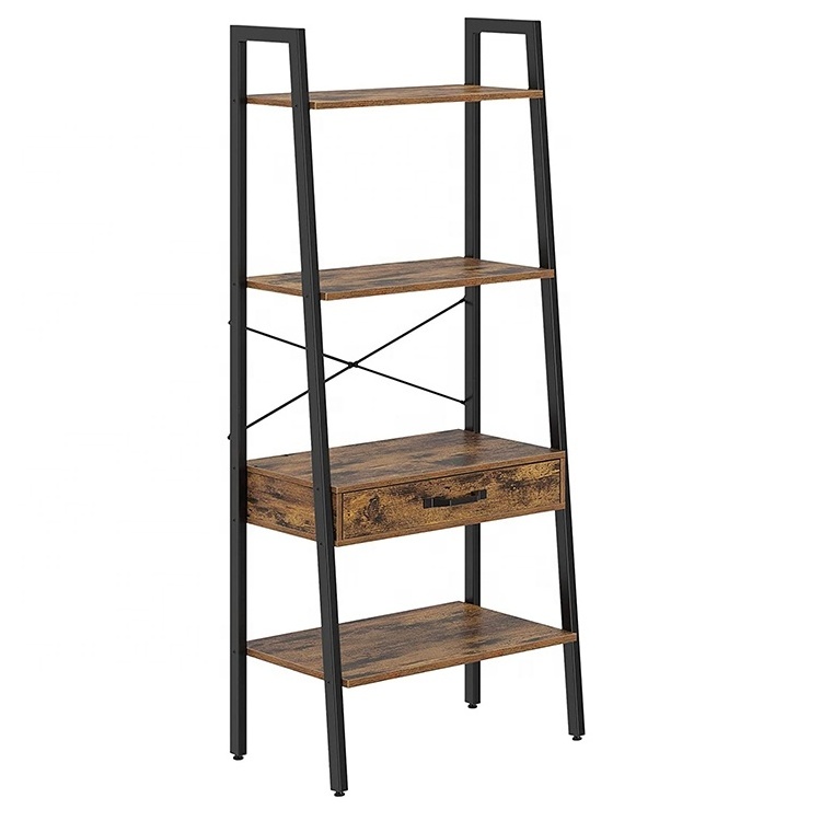 Rustic Ladder Display Shelf with Drawer Wooden Bookshelf 4-Tier Leaning Utility Organizer Shelves Hand Painted Metal Frame