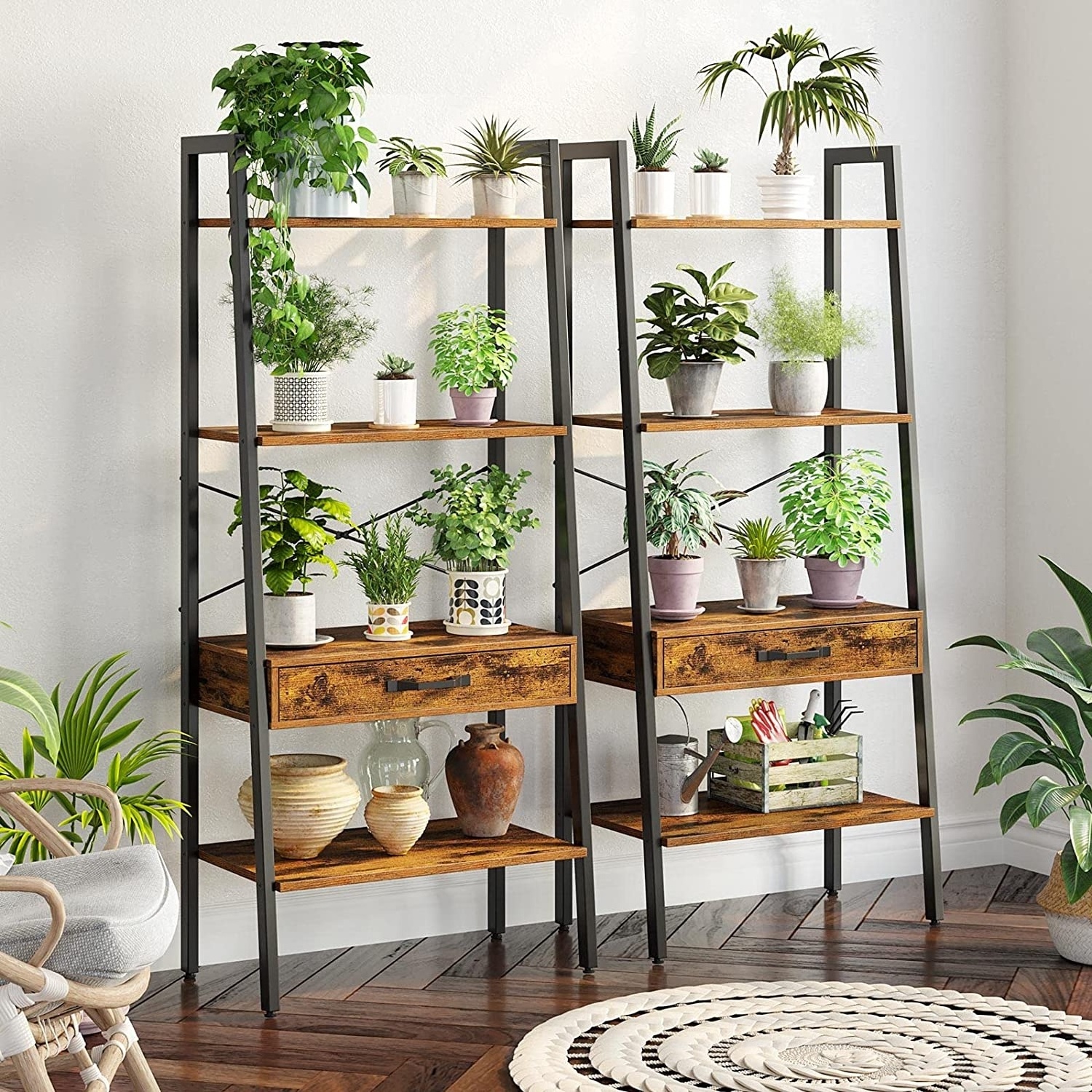 Rustic Ladder Display Shelf with Drawer Wooden Bookshelf 4-Tier Leaning Utility Organizer Shelves Hand Painted Metal Frame