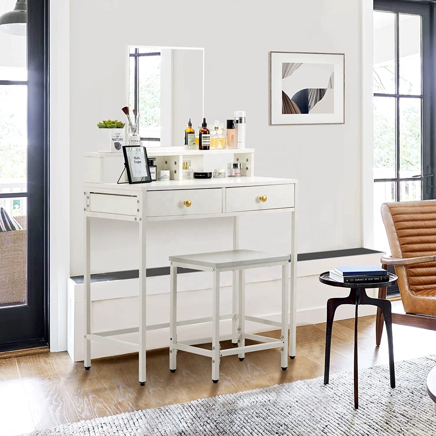 Modern White Vanity Table Set Bedroom Desk Makeup Dressing Table with Mirror and Drawers