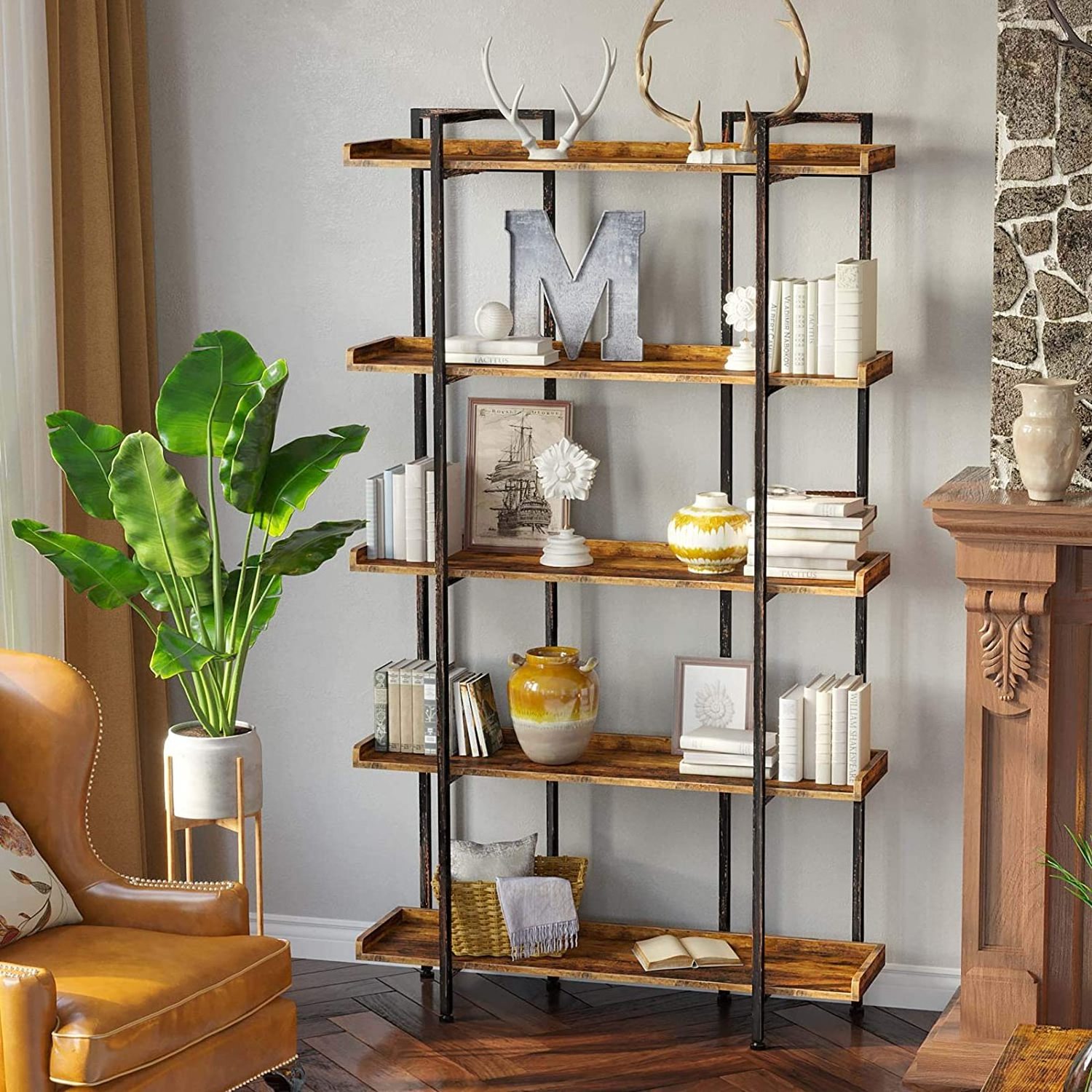 Bookcases and Bookshelves Triple Wide 5 Tiers Industrial Bookshelf Large Bookshelf Open Display Shelves with Metal Frame